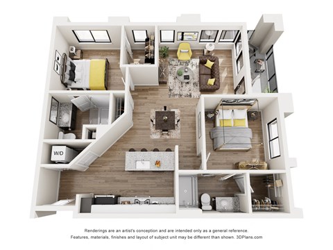 Floor plan for 2 beds, 2 baths, 1024 sqft